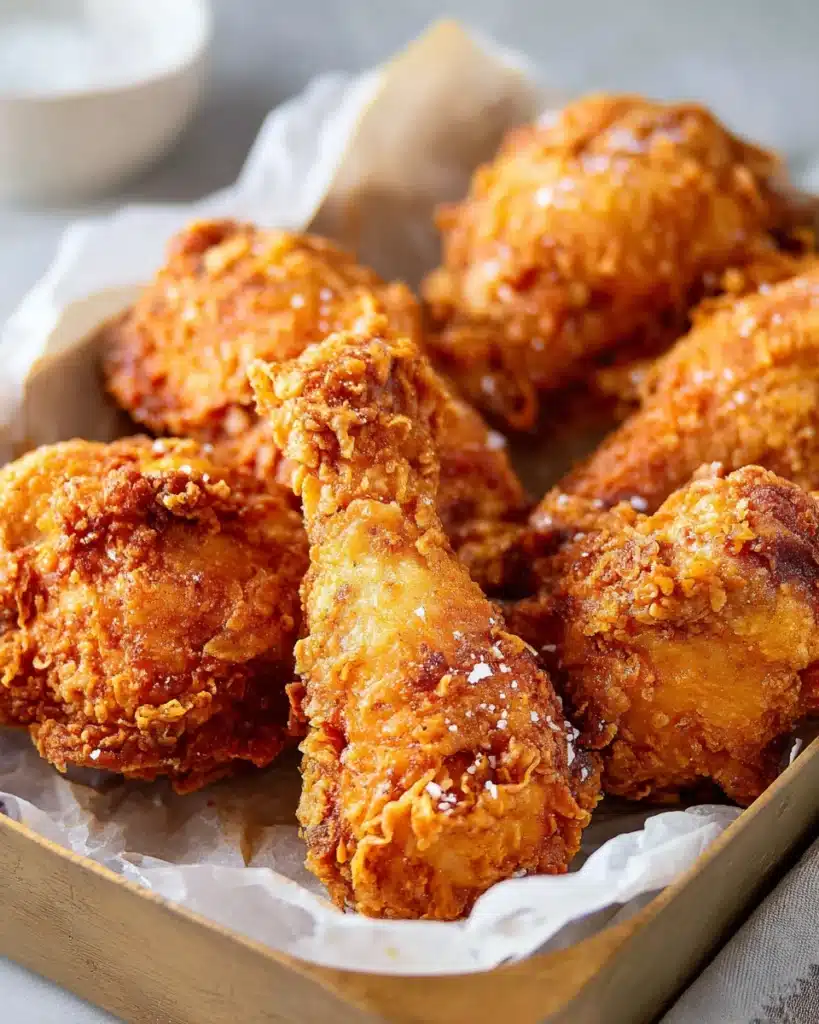 The Best Southern Fried Chicken drumsticks on parchment with sea salt