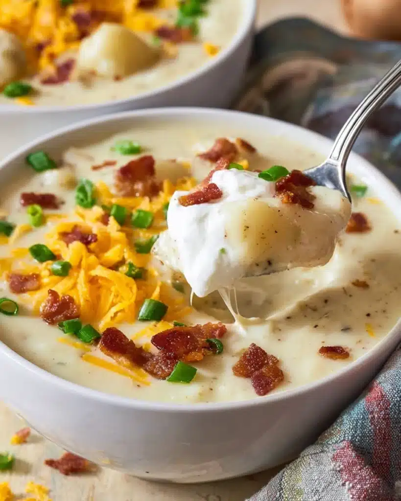 THE ULTIMATE CREAMY POTATO SOUP 2 Spoonful of creamy potato soup with bacon, cheddar cheese, and green onions