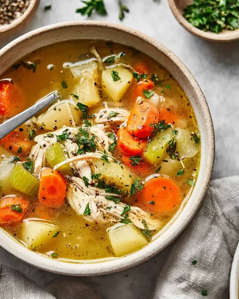Bowl of homemade turkey soup with carrots, celery, and potatoes in golden broth