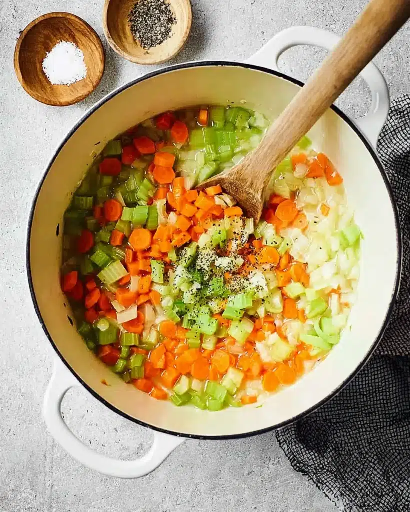 Sautéing carrots, celery, and onions for turkey soup in a white Dutch oven