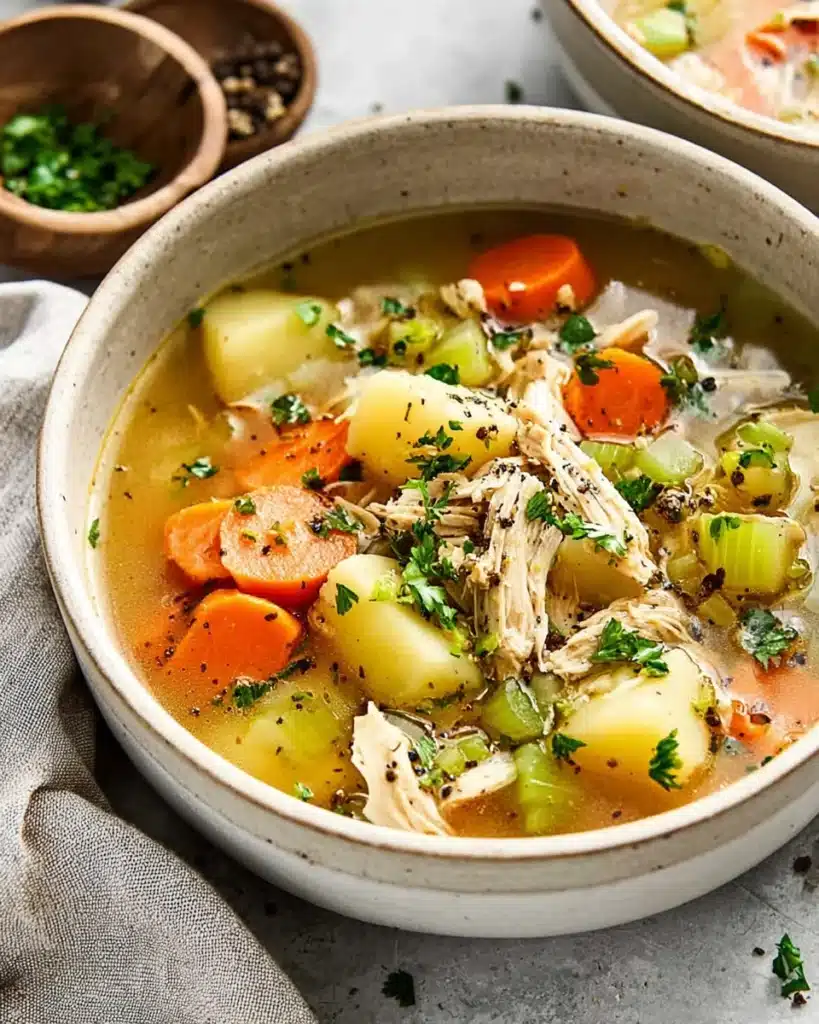 Bowl of turkey soup with carrots, celery, and potatoes in golden broth
