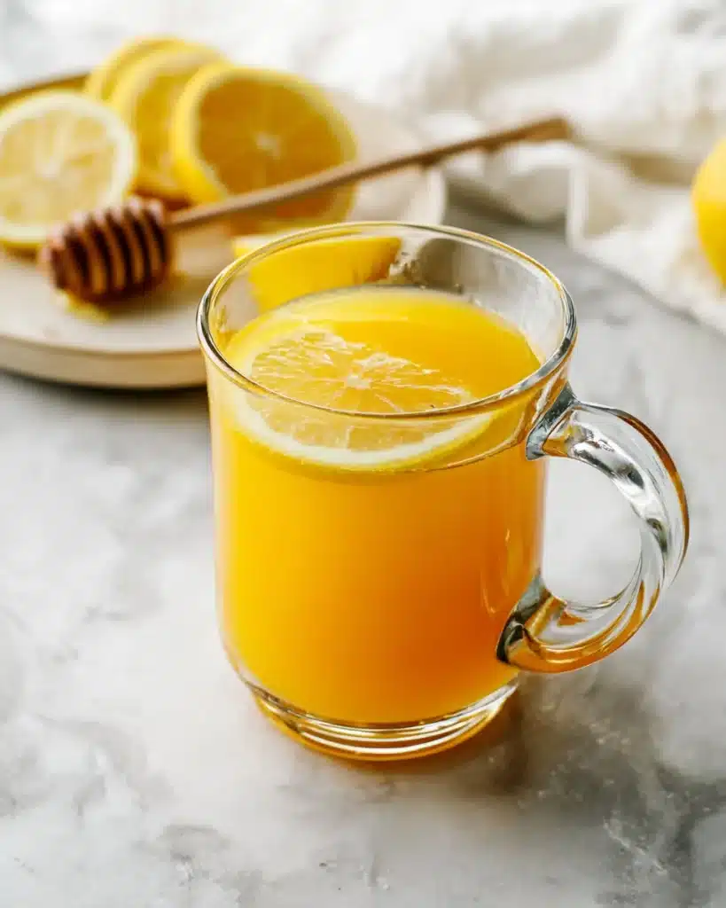 Turmeric Tea Recipe (Easy, Soothing & Detoxifying) 1 Golden turmeric tea with lemon slice and honey on marble surface