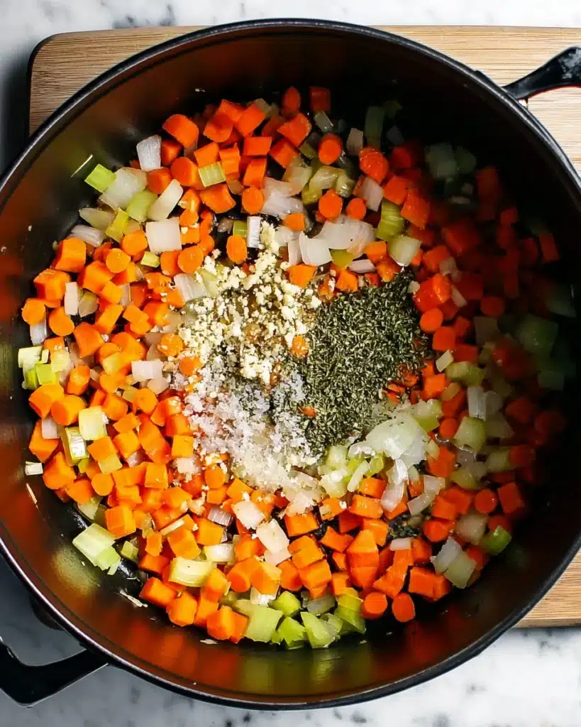 Hearty Vegetable Soup Recipe (Easy, Healthy & Delicious) 2 Sautéing carrots, onions, and celery in a pot for vegetable soup