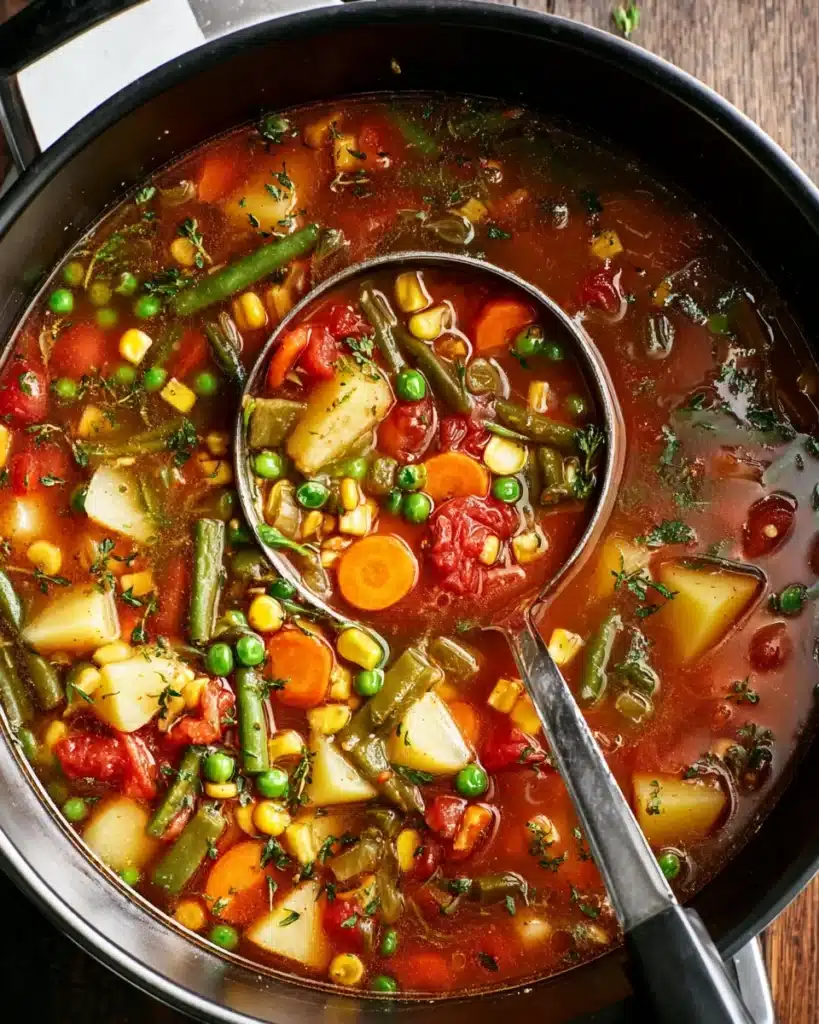Hearty Vegetable Soup Recipe (Easy, Healthy & Delicious) 3 Hearty vegetable soup in a pot with ladle ready to serve