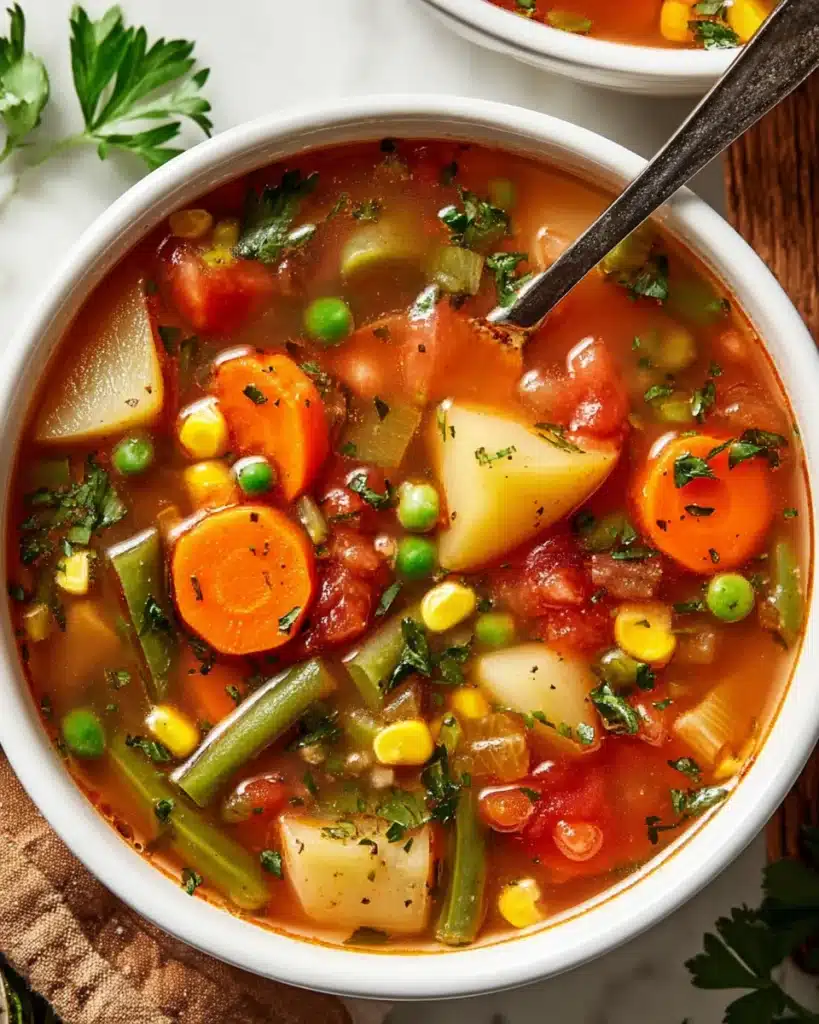 Hearty Vegetable Soup Recipe (Easy, Healthy & Delicious) 4 Top view of vegetable soup with carrots, potatoes, and green beans