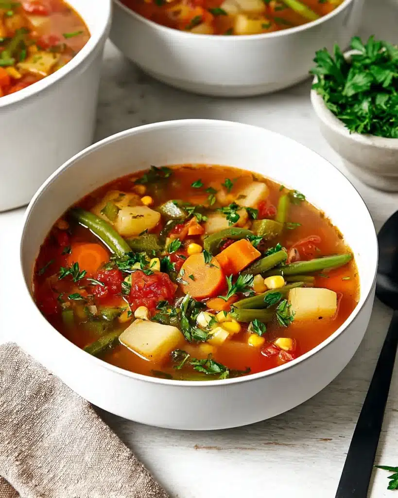 Hearty Vegetable Soup Recipe (Easy, Healthy & Delicious) 1 Hearty vegetable soup with carrots, potatoes, and green beans in a white bowl