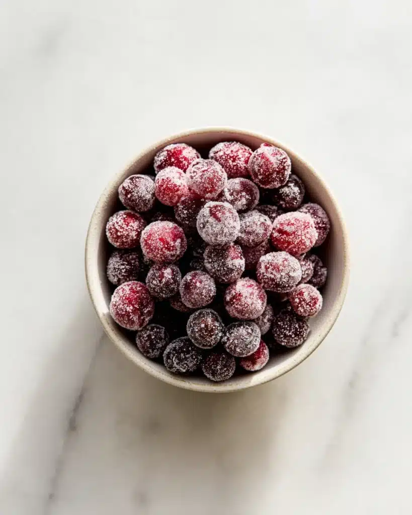 Bowl of sugared cranberries on light marble surface