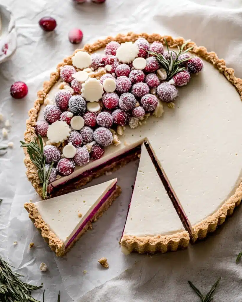 White chocolate cranberry tart with sugared cranberries and rosemary on light background