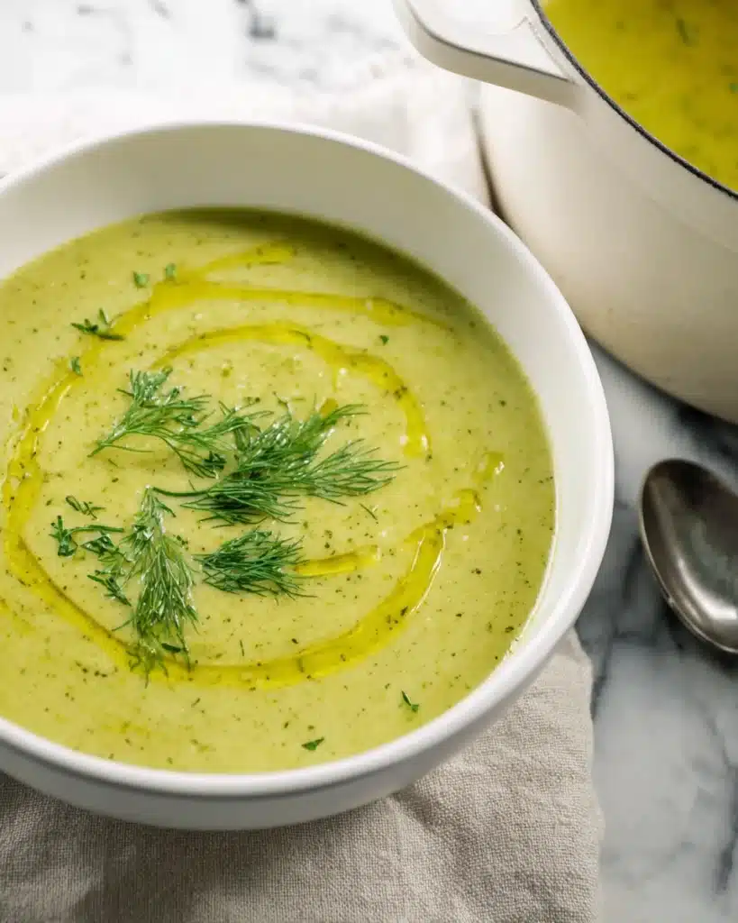 Creamy zucchini soup in white bowl with olive oil drizzle and fresh dill