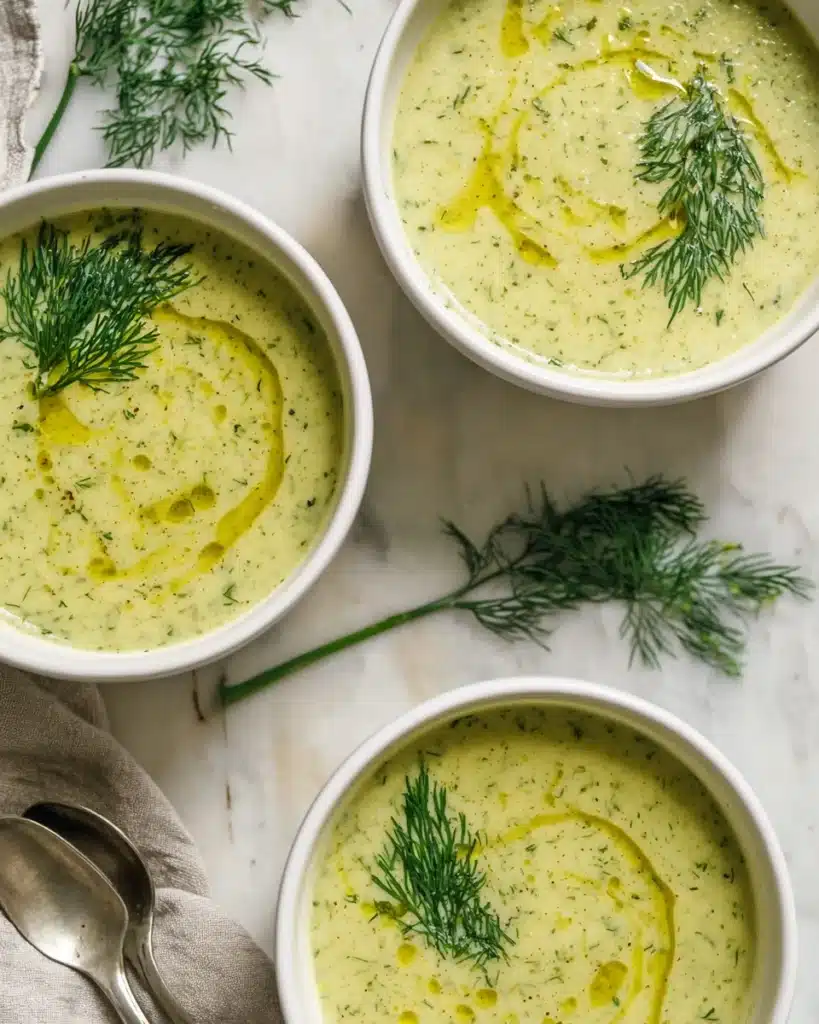Three bowls of creamy zucchini soup topped with dill and olive oil