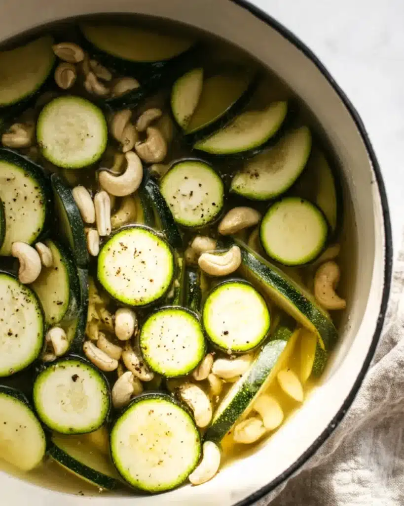 Zucchini and cashews in pot with broth and black pepper for soup