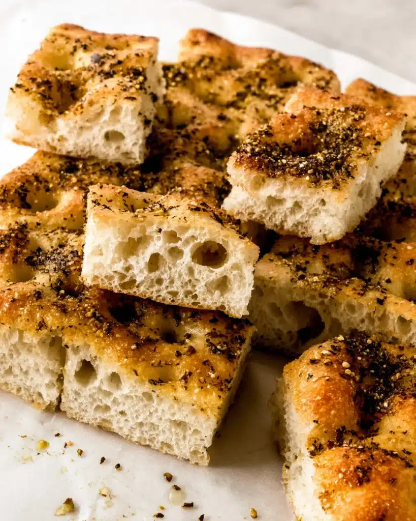 Easy No-Knead Za’atar Focaccia Bread (Appetizer Recipes) 5 Sliced za’atar focaccia bread showing airy crumb and golden crust