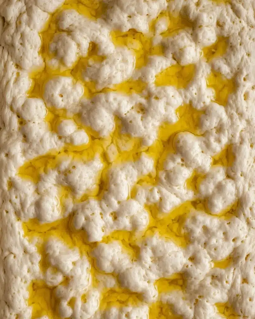 Easy No-Knead Za’atar Focaccia Bread (Appetizer Recipes) 2 Close-up of focaccia dough with olive oil dimples before baking