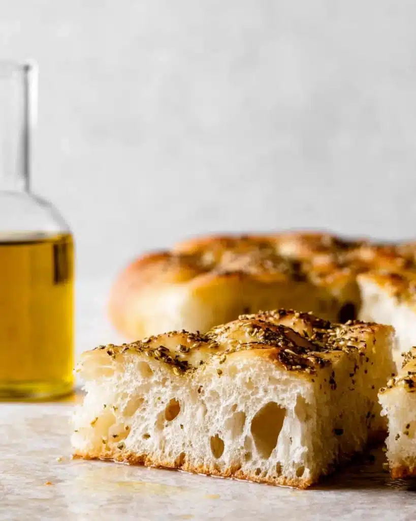 Easy No-Knead Za’atar Focaccia Bread (Appetizer Recipes) 1 easy no-knead za'atar focaccia bread with golden crust and olive oil on a light surface