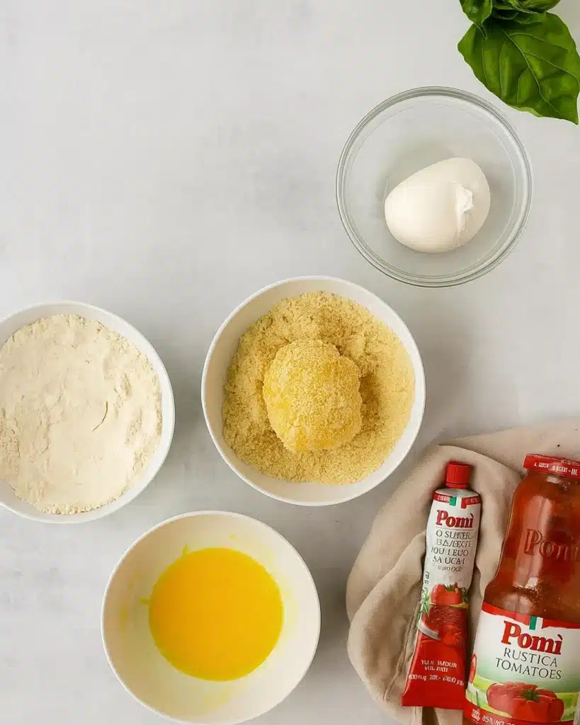 Ingredients for fried burrata over arrabbiata sauce on a light surface