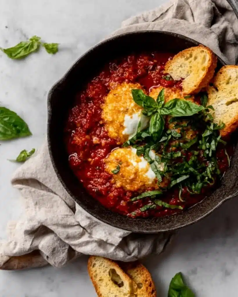 fried burrata over arrabbiata sauce with basil and toasted bread