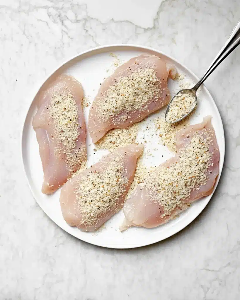 Seasoning chicken breasts for lemon pepper chicken on a white plate
