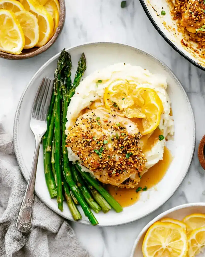 Lemon pepper chicken served with mashed potatoes and asparagus