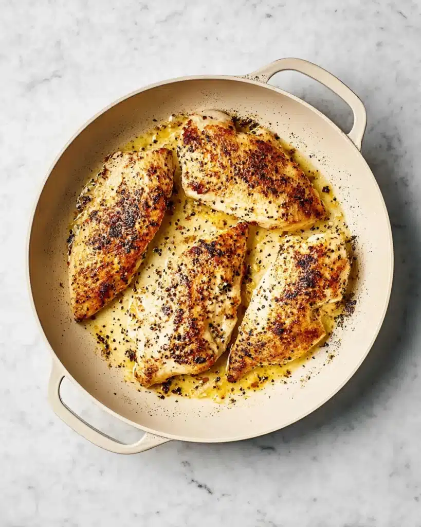 Golden seared lemon pepper chicken in skillet