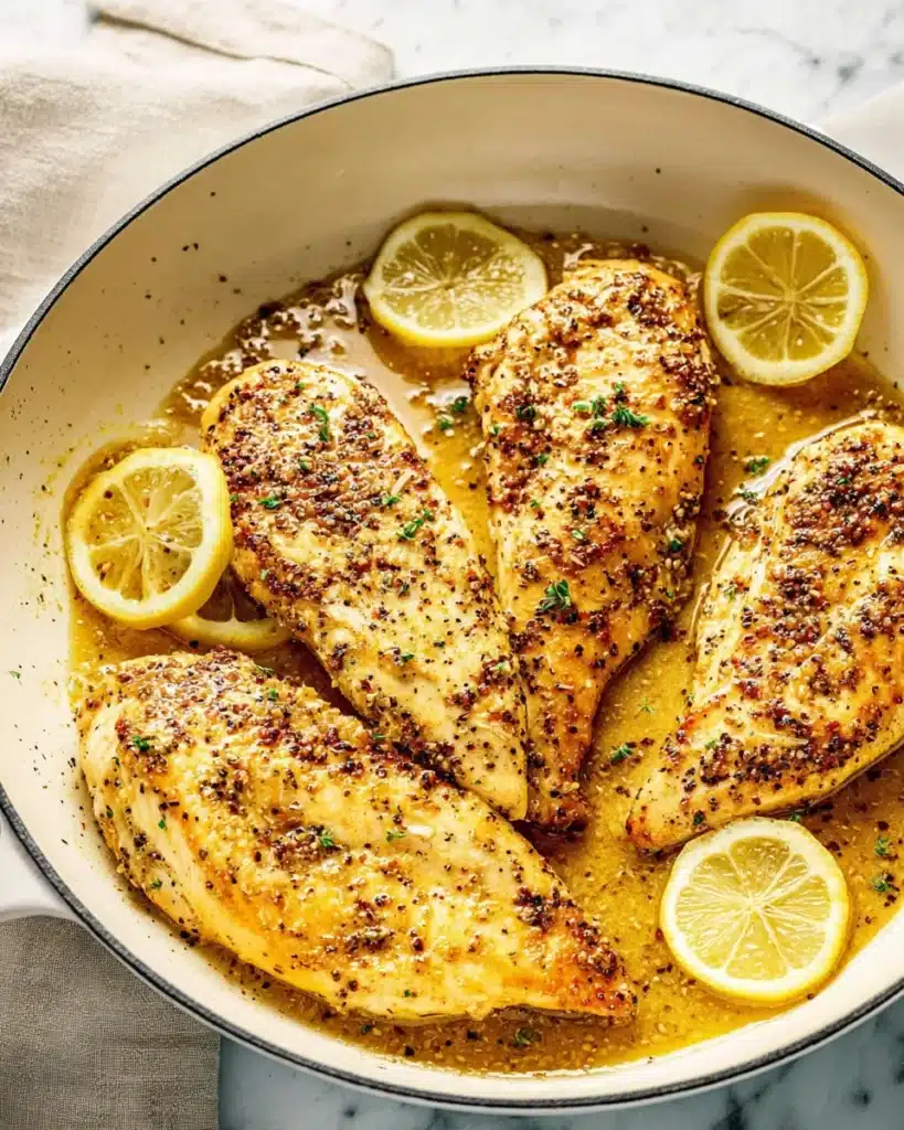 Juicy lemon pepper chicken in skillet with lemon butter sauce and fresh lemon slices