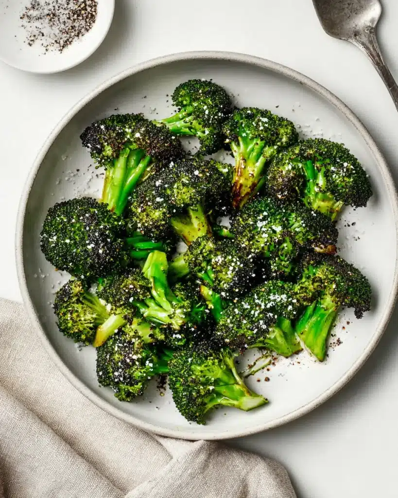 Air Fryer Broccoli (Crispy, Flavorful & Ready in Minutes) 1 Crispy air fryer broccoli in a white bowl with sea salt and pepper on a light background