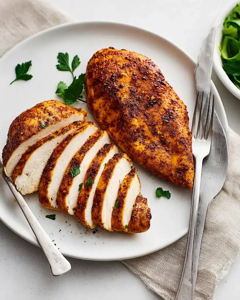 Air Fryer Chicken Breast (Juicy, Easy & Ready in Minutes) 1 Juicy air fryer chicken breast sliced on a white plate with herbs