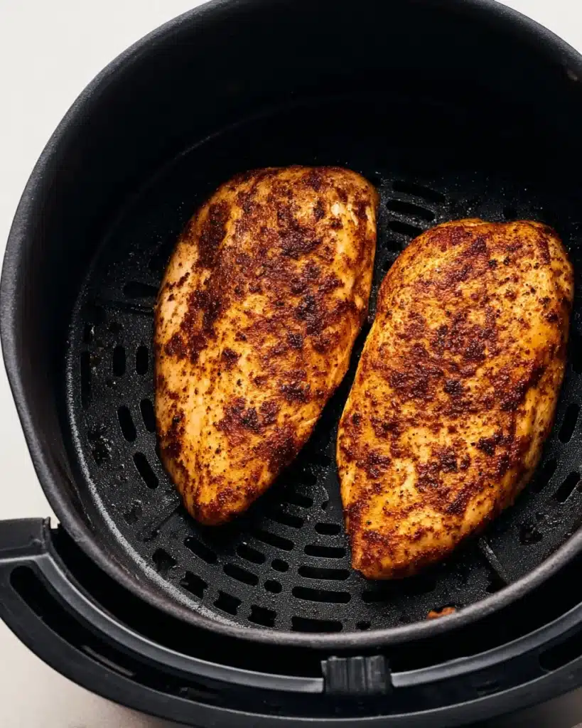 Air Fryer Chicken Breast (Juicy, Easy & Ready in Minutes) 3 Seasoned chicken breasts cooking in air fryer basket