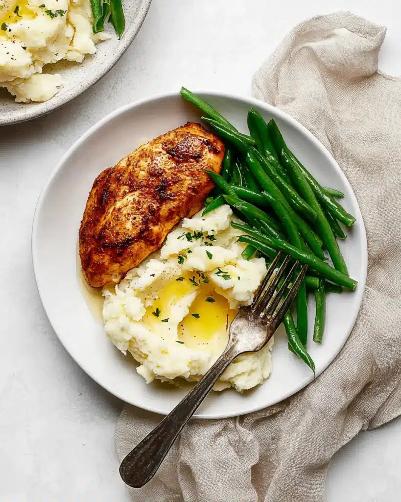Air Fryer Chicken Breast (Juicy, Easy & Ready in Minutes) 4 Air fryer chicken breast with mashed potatoes and green beans on white plate