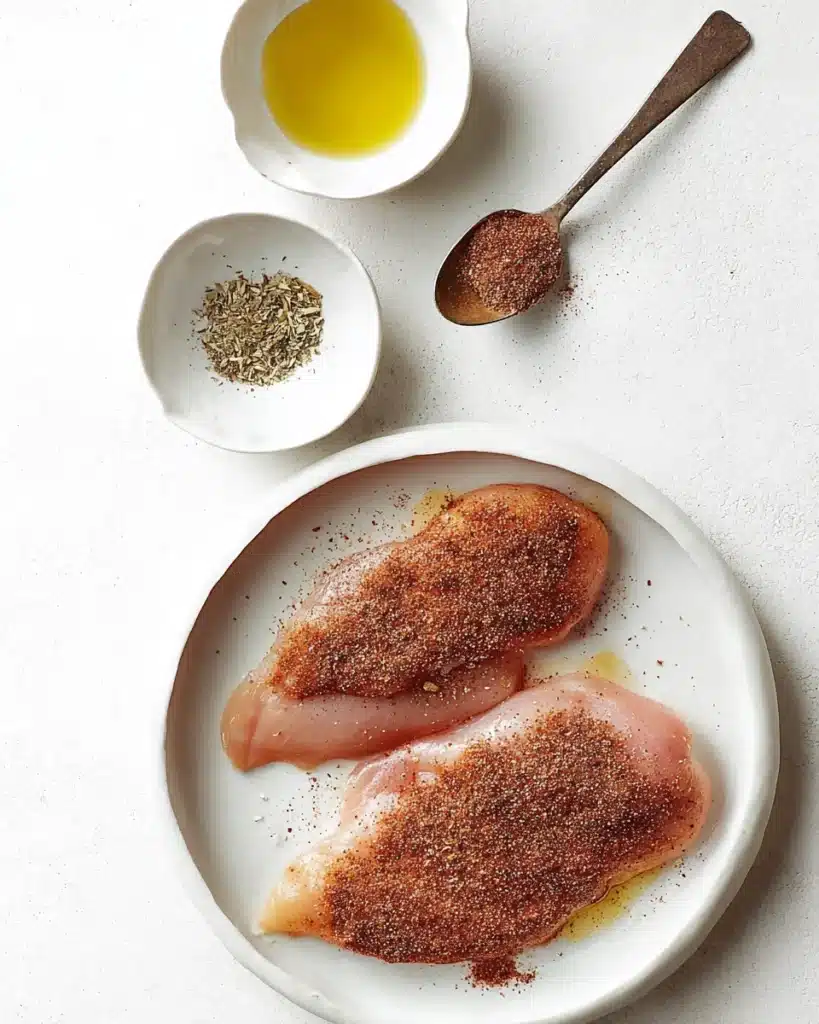 Air Fryer Chicken Breast (Juicy, Easy & Ready in Minutes) 2 Seasoned air fryer chicken breast on white plate before cooking