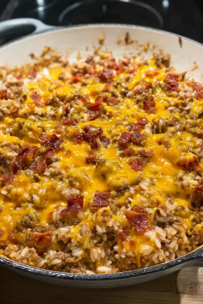 Bacon Cheeseburger Rice Skillet 3 Cheesy bacon cheeseburger rice skillet topped with melted cheddar and bacon bits