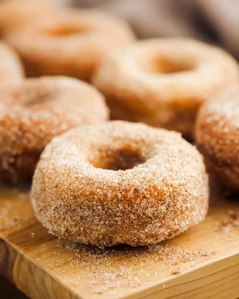 Baked pumpkin donuts coated in cinnamon sugar on wooden board