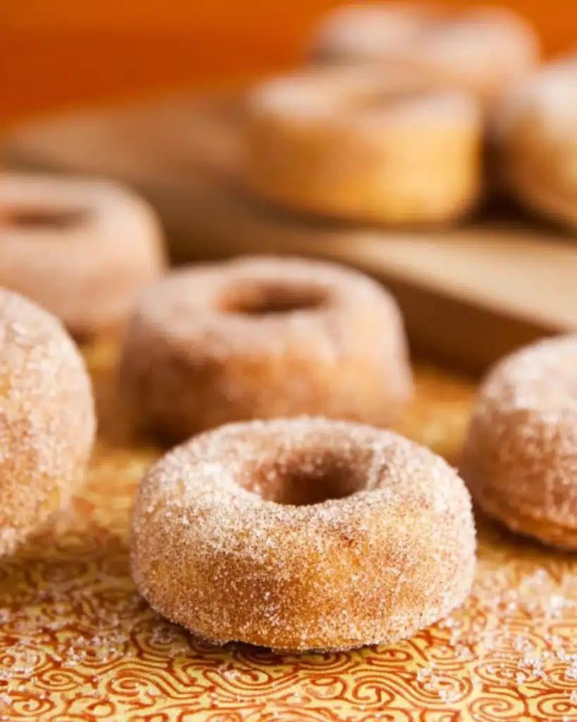 Baked pumpkin donuts coated in cinnamon sugar on orange patterned surface