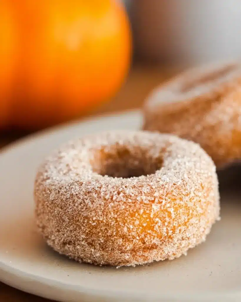 Baked pumpkin donut coated in cinnamon sugar on a cream plate