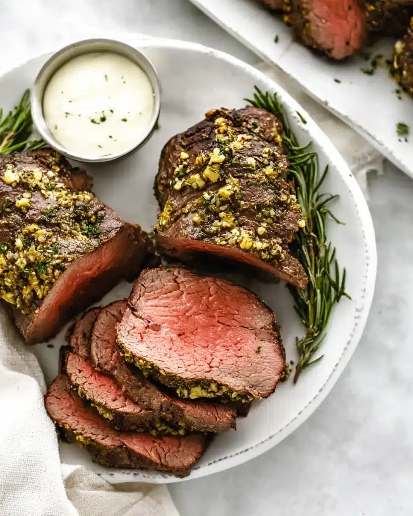 Perfect Beef Tenderloin Roast (A Christmas Showstopper) 1 Juicy beef tenderloin roast slices with garlic herb crust on a white plate