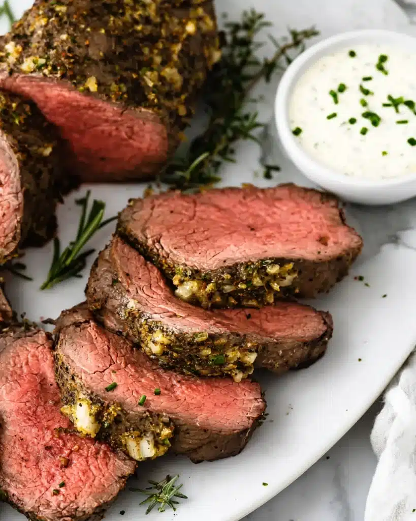 Perfect Beef Tenderloin Roast (A Christmas Showstopper) 5 Sliced beef tenderloin roast with garlic herb crust and horseradish sauce