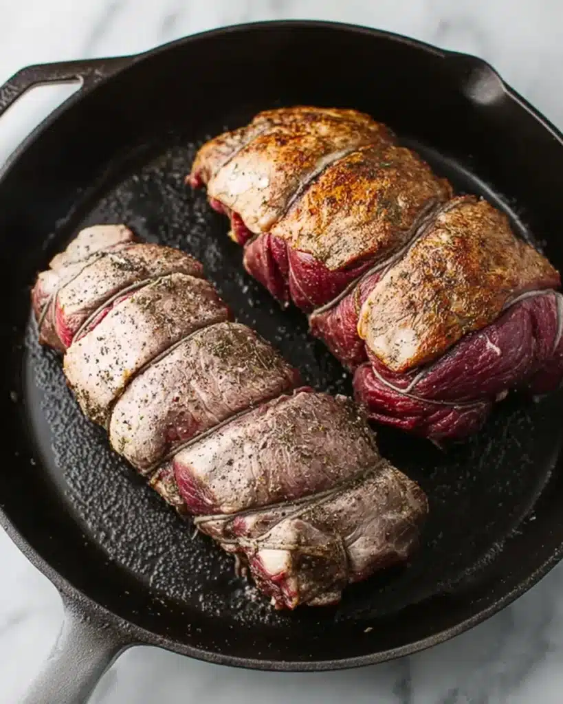 Perfect Beef Tenderloin Roast (A Christmas Showstopper) 2 Beef tenderloin roast tied and seared in a cast iron skillet