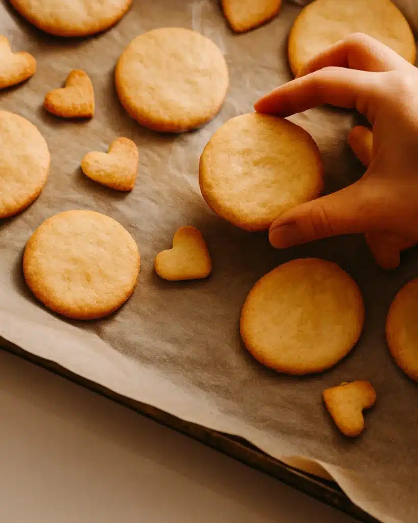 Best Jam Cookies 3 Freshly baked round and heart shortbread cookies on baking tray