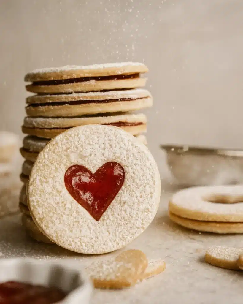 Best Jam Cookies 1 Heart-shaped jam cookies stacked on marble with powdered sugar dusting