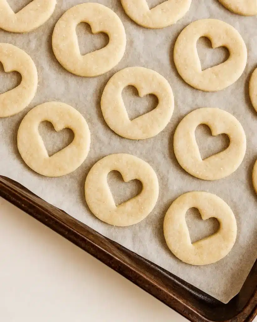 Best Jam Cookies 2 Heart cutout shortbread dough on parchment-lined baking sheet