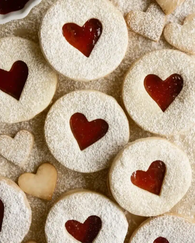 Best Jam Cookies 4 Heart jam cookies dusted with powdered sugar on parchment paper