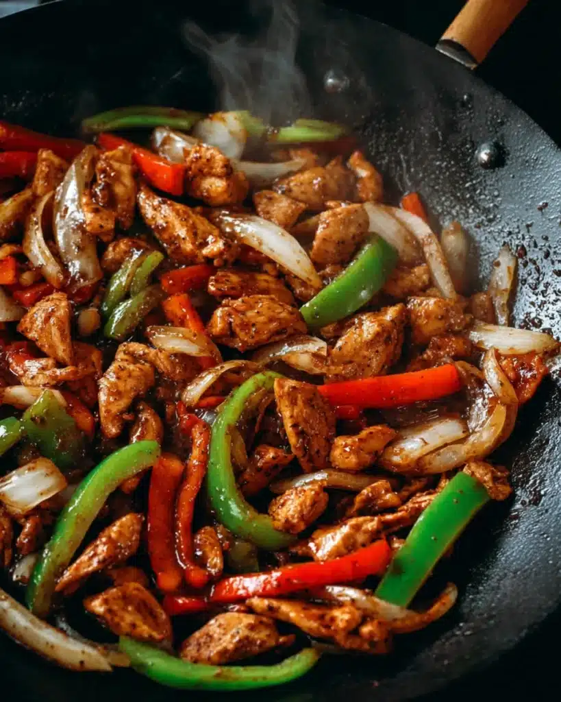 Black Pepper Chicken | Easy Stir-Fry Recipe Ready in 25 Minutes 1 Black pepper chicken stir-fry with bell peppers and onions in glossy sauce