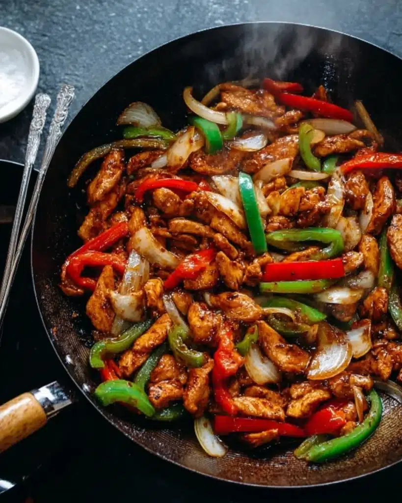 Black Pepper Chicken | Easy Stir-Fry Recipe Ready in 25 Minutes 3 Black pepper chicken stir-fry in wok with bell peppers and onions