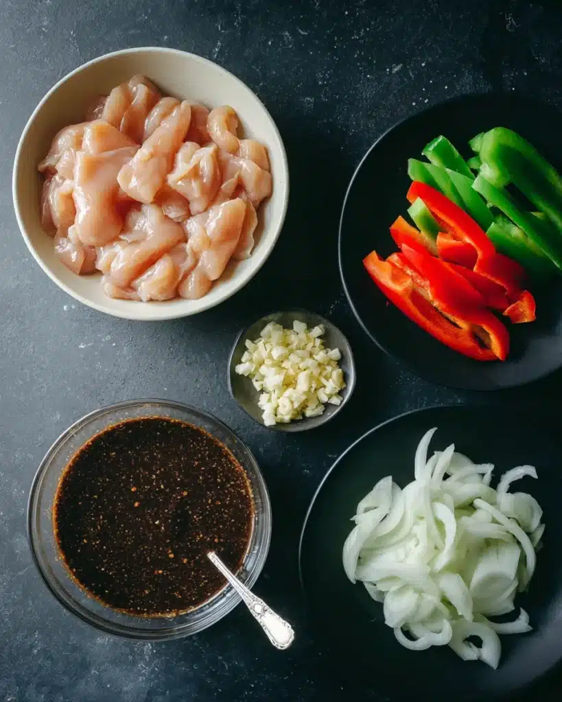 Black Pepper Chicken | Easy Stir-Fry Recipe Ready in 25 Minutes 2 Black pepper chicken ingredients arranged on dark surface
