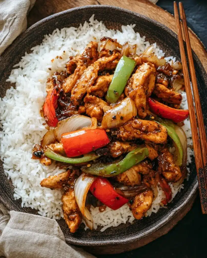Black Pepper Chicken | Easy Stir-Fry Recipe Ready in 25 Minutes 4 Black pepper chicken served over rice with bell peppers and onions