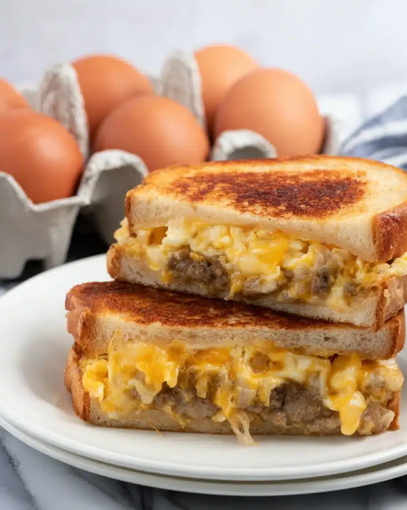 Breakfast Grilled Cheese 1 Breakfast grilled cheese sandwich with eggs, sausage, and melted cheese on toasted sourdough