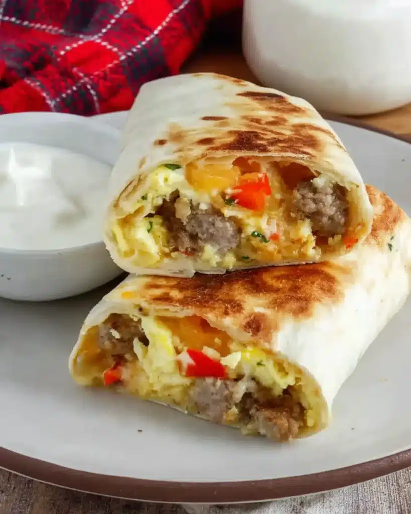 Breakfast burritos cut in half with sausage, eggs, and cheese on a white plate