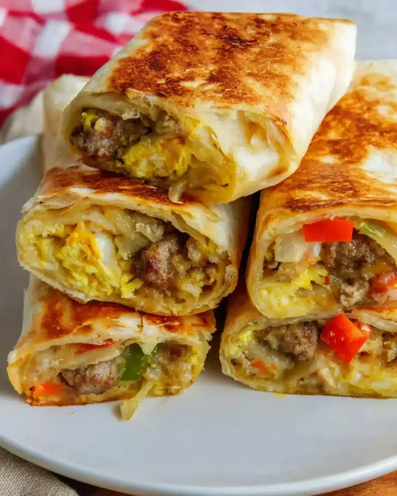 Toasted breakfast burritos with eggs, sausage, and cheese stacked on a plate