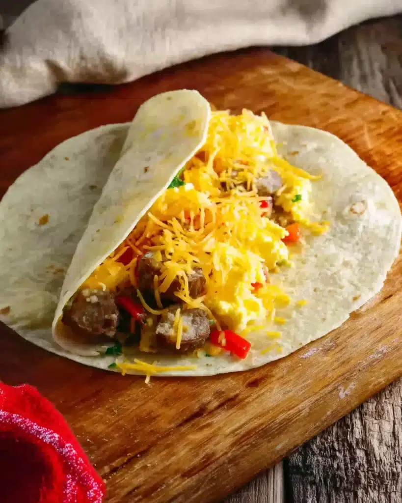Flour tortilla filled with sausage, eggs, and cheese ready for rolling