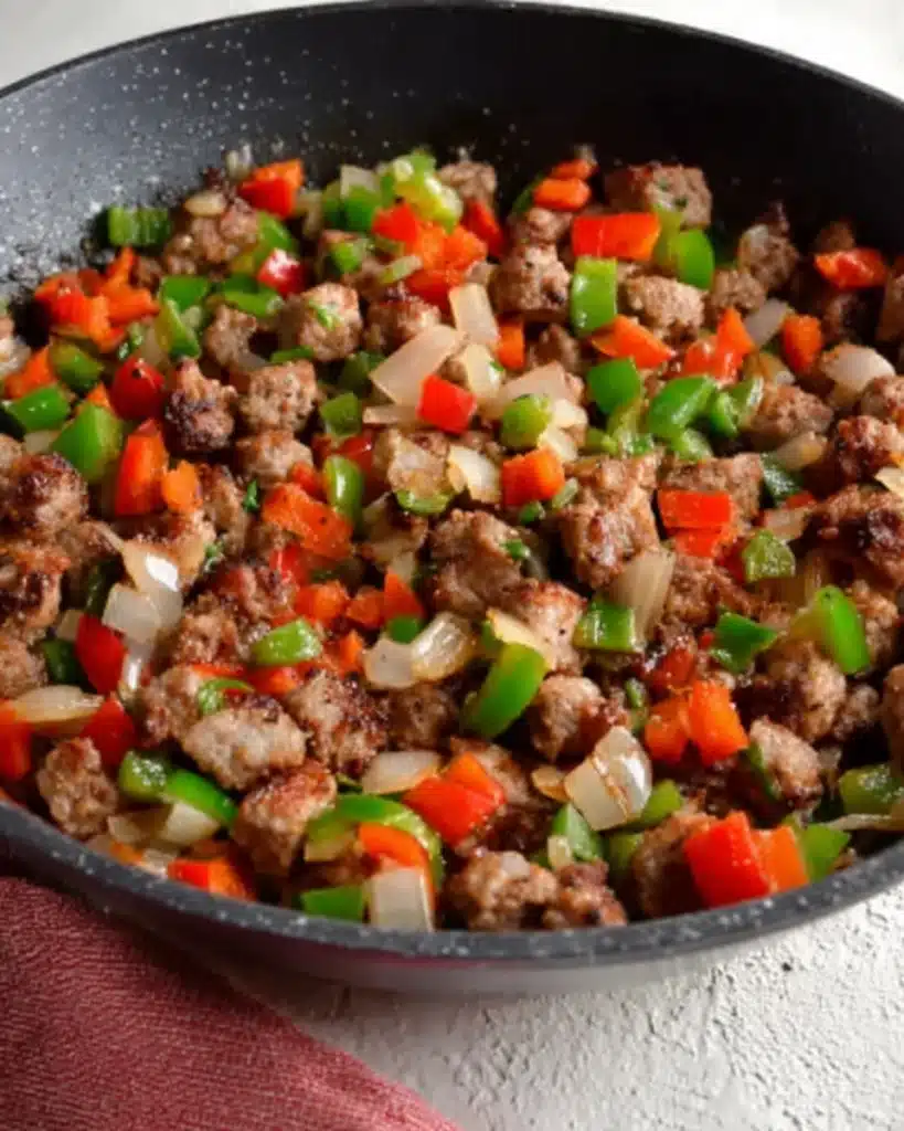Cooked sausage with red and green peppers in a skillet for breakfast burritos
