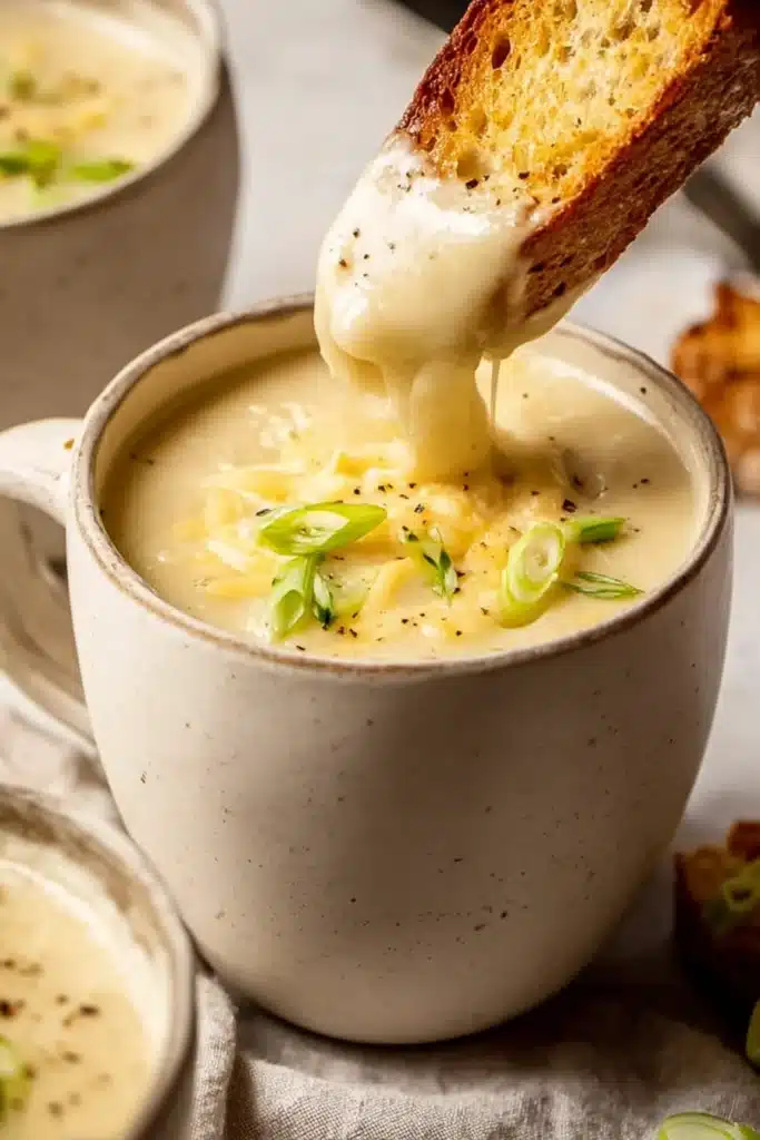 Cheddar Cauliflower Soup 1 Creamy cheddar cauliflower soup with melted cheese and bread dip in a beige mug